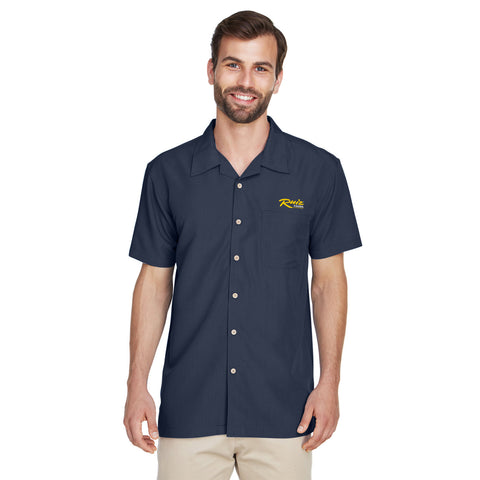 Harriton Men's Barbados Textured Camp Shirt - Wrinkle-Resistant Pool Blue